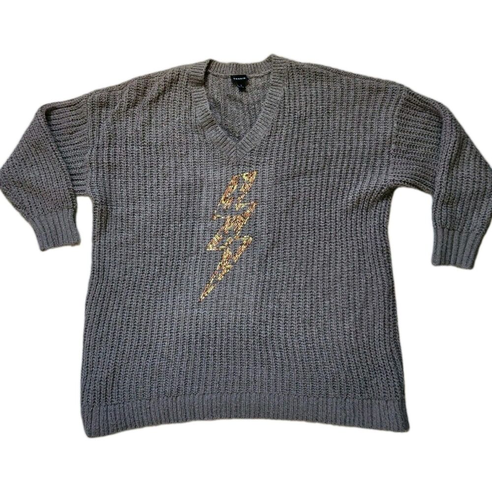 Torrid Gray Lightning Bolt Sweater V Neck Chunky Knit Pullover Womens 3X EUC